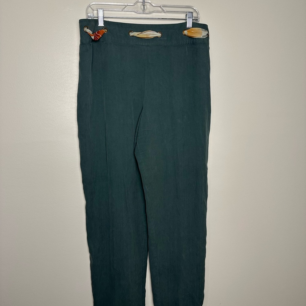 Nancy Bolen City Girl 100% Silk Preppy Vintage Dark Green Women's Trousers Sz XL